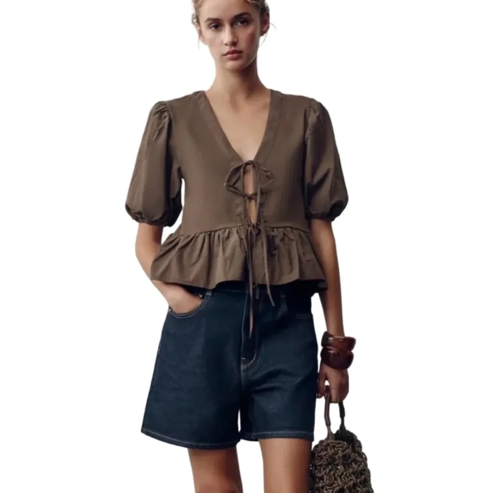 Zara Brown Tie Oversized Puff Sleeve Peplum Top NWT Costal Cowgirl Boho Feminine - Picture 2 of 10